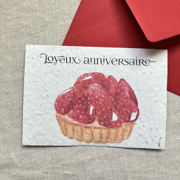 Joyeux anniversaire tartelette – Carte à planter A6 (graines de fraises)